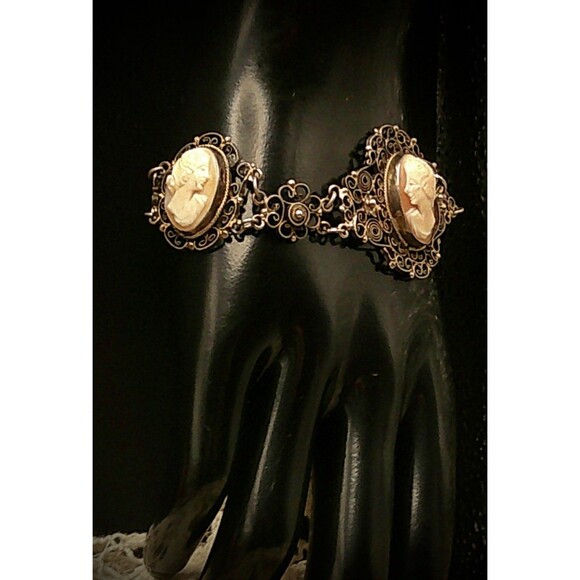 Edwardian 800 Silver Filagree Cameo Bracelet 6.75 - Picture 6 of 7